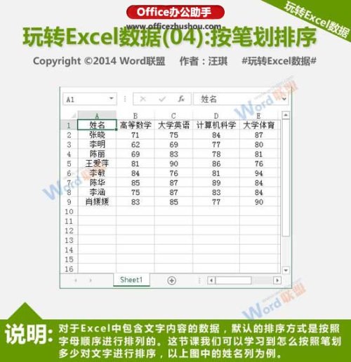 按笔划排序Excel数据的方法