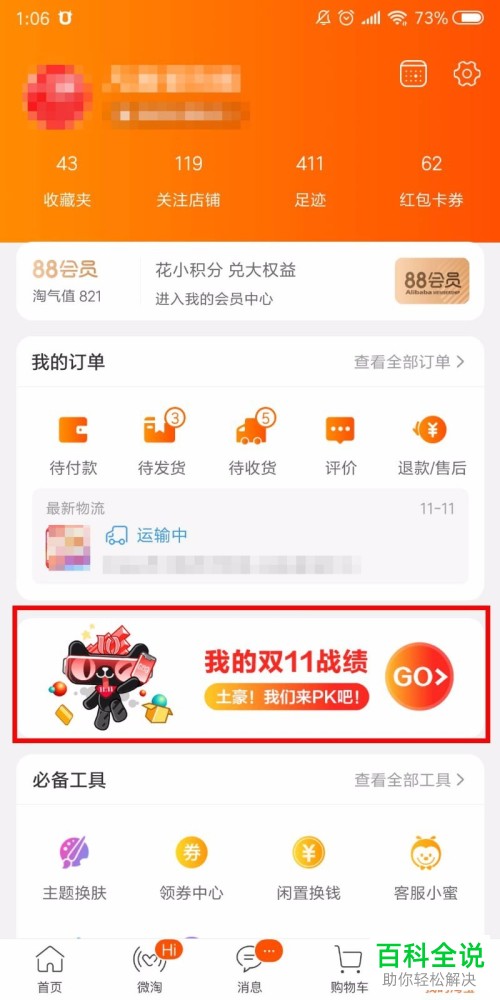 查看自己在淘宝购物的剁手双11战绩排名的具体方法