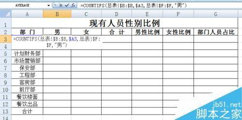 EXCEL员工花名册实时自动生成各部门性别比例方法介绍