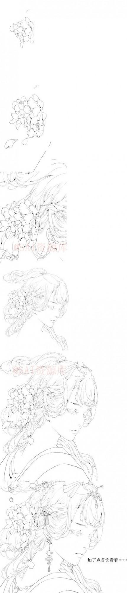 古风美女线稿上色涂厚的过程