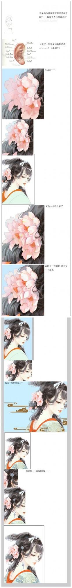 古风美女线稿上色涂厚的过程