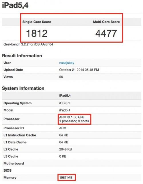 iPad Air 2 跑分出炉 搭载三核 A8X 处理器,2GB 内存