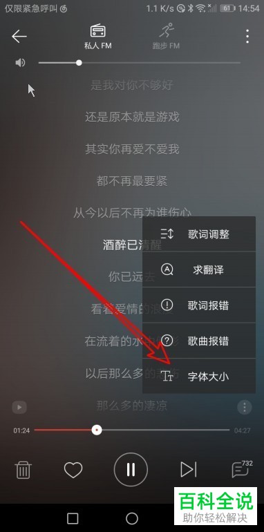 如何更改网易云音乐app私人FM中的歌词字体大小？