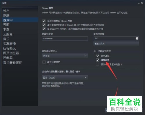 如何开启电脑steam中的截图成功声音提示功能