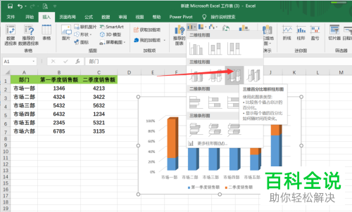 如何在电脑版Excel中将三维百分比堆积柱形图添加