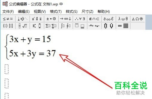 如何在wps2019的文档里添加二元一次方程组?