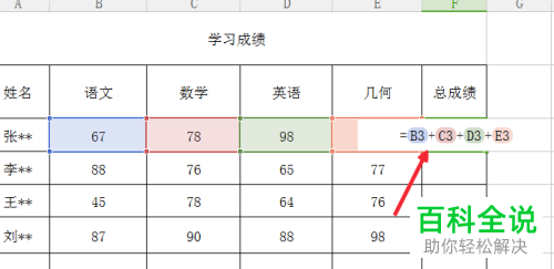 如何在excel表格上快速计算多科总成绩
