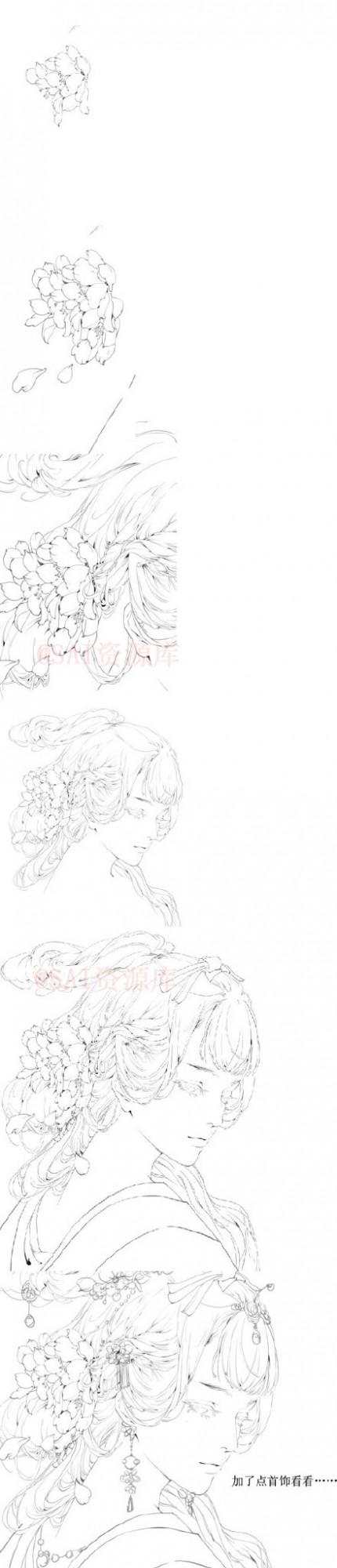 SAI设计古风美女动漫线稿上色涂厚的过程