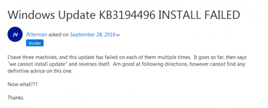 Win10累积更新补丁KB3194496安装失败怎么办?
