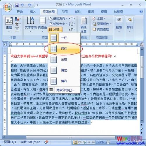 Word2007设置分栏效果