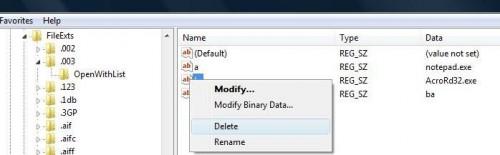 移除未知文件格式打开方式列表中的错误程序