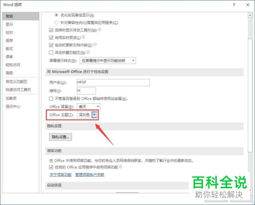 怎么将电脑word2019软件内的主题颜色设置为深灰色