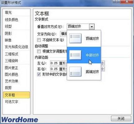 在Word 2010文档中设置文本框边距和垂直对齐方式