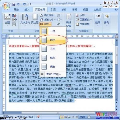 在Word 2007设置分栏的方法